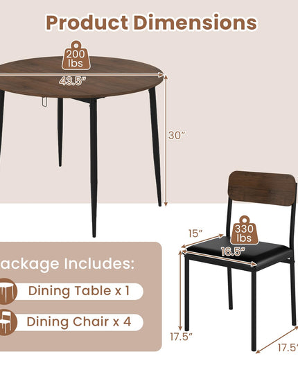 Giantex  43.5" Round Kitchen Table and 4 Upholstered Dining Chairs with Drop Leaf Tabletop