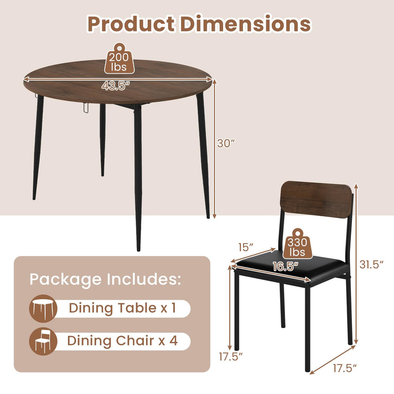 Giantex  43.5" Round Kitchen Table and 4 Upholstered Dining Chairs with Drop Leaf Tabletop