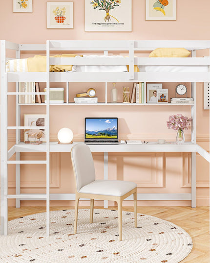 Giantex Solid Wood Twin Loft Bed with Desk and Bookcase
