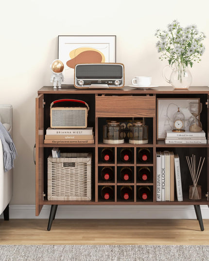 Giantex Bar Cabinet with Storage, Farmhouse Wood Buffet Sideboard, 9-Bottle Wine Rack, Drawer