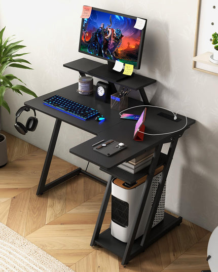 Bureau de jeu en forme de L Giantex avec prises et ports USB, petit bureau d'ordinateur avec étagère pour moniteur