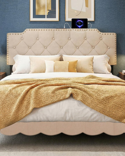 Giantex Headboard with Charging Station Queen/Full Size Rivet Tufted Upholstered（Riveted Diamond Tufting with Charging）