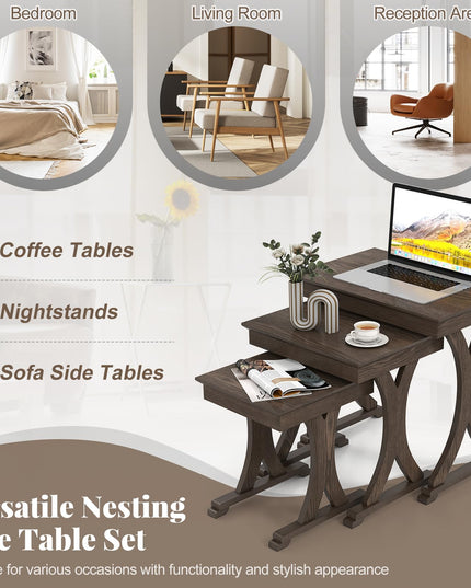 Giantex Table Basse Gigogne Rectangulaire, Ensemble de 3 avec Pieds en Bois d'Hévéa Massif