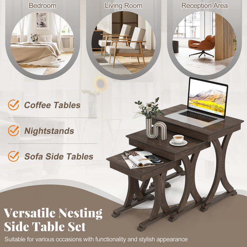 Giantex Table Basse Gigogne Rectangulaire, Ensemble de 3 avec Pieds en Bois d'Hévéa Massif