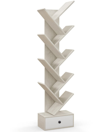 10-Tier Tree Bookshelf with Drawer, Beige - Giantex