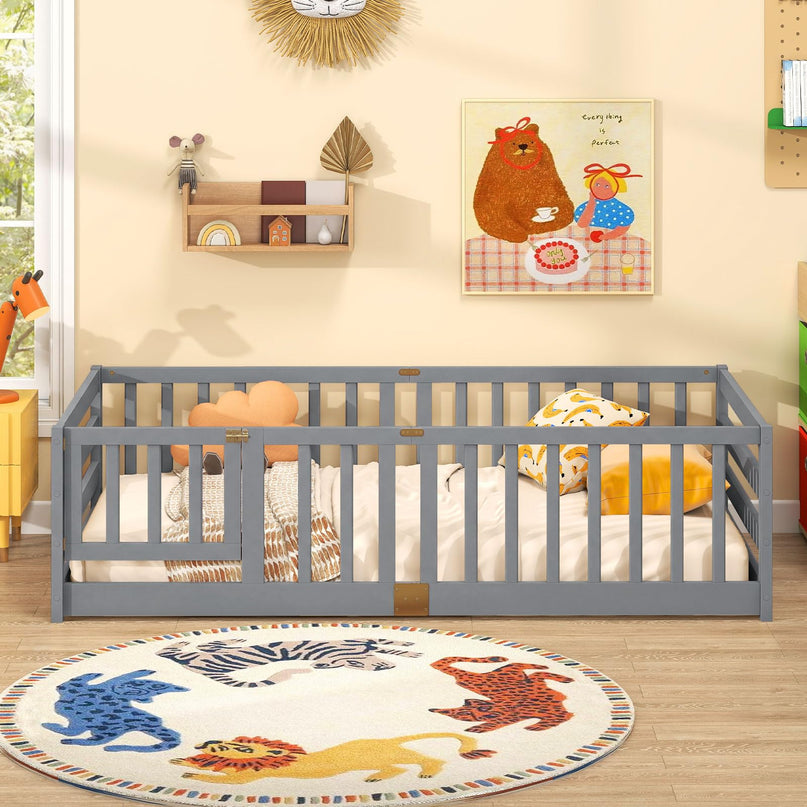Giantex Twin Floor Bed with High Fence & Door