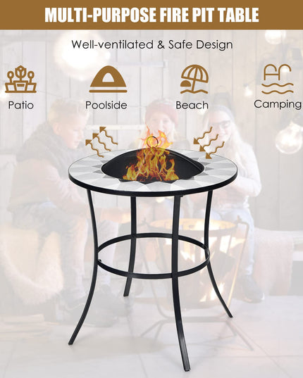 Giantex Fire Pit Table, Outdoor Fire Pit with Mesh Cover, Fire Poker, Tile Tabletop