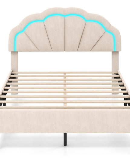 Giantex Full Size LED Bed Frame, Velvet Upholstered Full Platform Bed with Adjustable Cloud Headboard