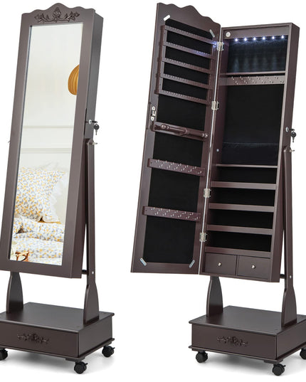 CHARMAID 6 LEDs Rolling Jewelry Cabinet with High Full Length Mirror, Lockable Standing Jewelry Armoire with Wheels