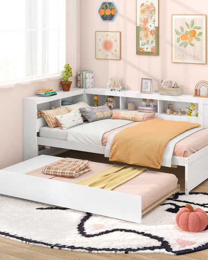 Giantex Twin Daybed with Trundle, Wood Twin Bed Frames with Storage Headboard, Reversible Bookcase