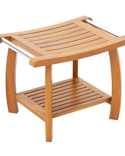 Gaintex Teak Shower Bench with Handles and Storage Shelf, Teak Shower Stool for Shaving Legs, Non-Slip Foot Pads