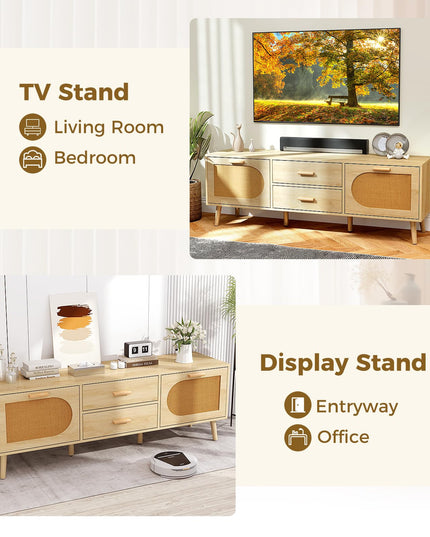 Giantex Rattan TV Stand for TVs up to 65 Inch, 59" TV Console Cabinet with Drawers & Solid Wood Legs