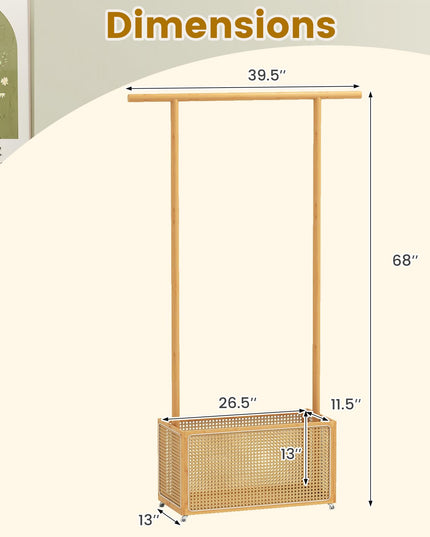 Portant à vêtements roulant en bambou Giantex avec panier de rangement en rotin pour couloir, salon, chambre à coucher