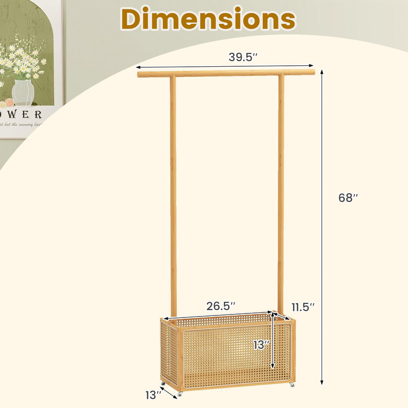 Giantex Bamboo Rolling Garment Rack with Rattan Storage Basket for Hallway Living Room Bedroom