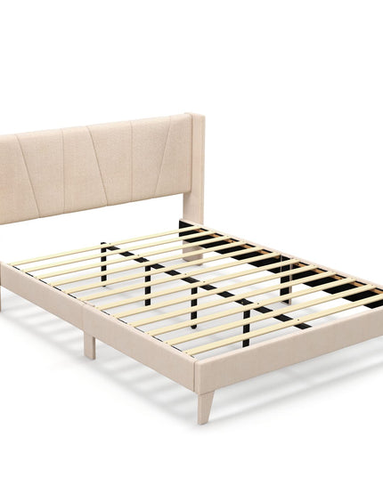 Giantex Queen/Full Bed Frame with Geometric Wingback Headboard, Modern Beige Bed