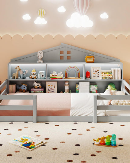 Giantex Twin/Full Size Montessori Wooden Floor Bed with LED Lights