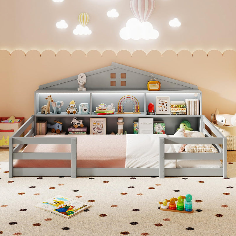 Giantex Twin/Full Size Montessori Wooden Floor Bed with LED Lights