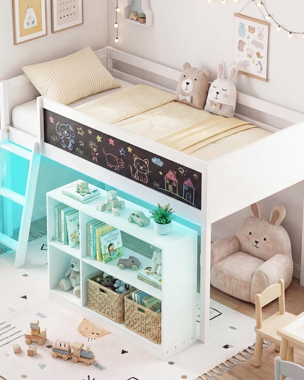Lit mezzanine bas Giantex pour lit jumeau avec lumières LED, bibliothèque amovible et espace de rangement sous le lit