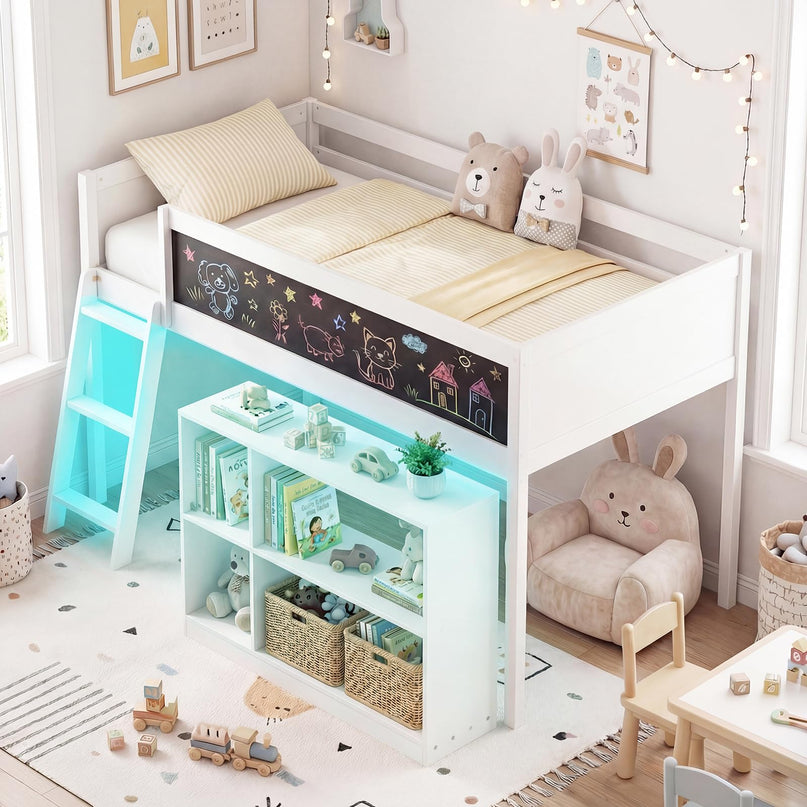 Lit mezzanine bas Giantex pour lit jumeau avec lumières LED, bibliothèque amovible et espace de rangement sous le lit