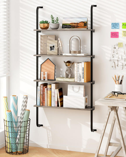 Giantex 4-Tier Industrial Bookshelf, Wall Mounted Pipe Shelving Unit, Floating Shelves with Metal Frame