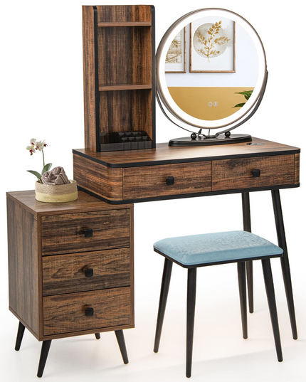 CHARMAID Vanity Table Set with 3-Color Dimmable Lighted Mirror - Giantex
