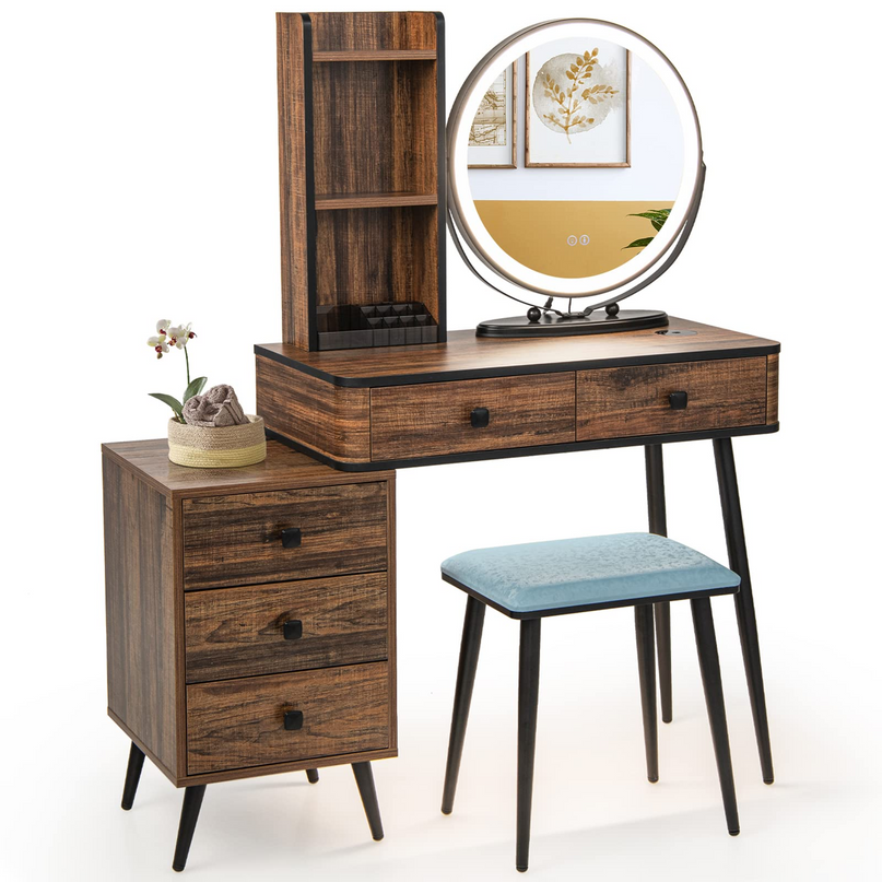 CHARMAID Vanity Table Set with 3-Color Dimmable Lighted Mirror - Giantex