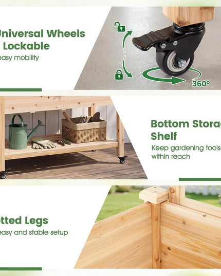 Giantex 65'' Wooden Raised Garden Bed w/Trellis on Wheels (1/2)