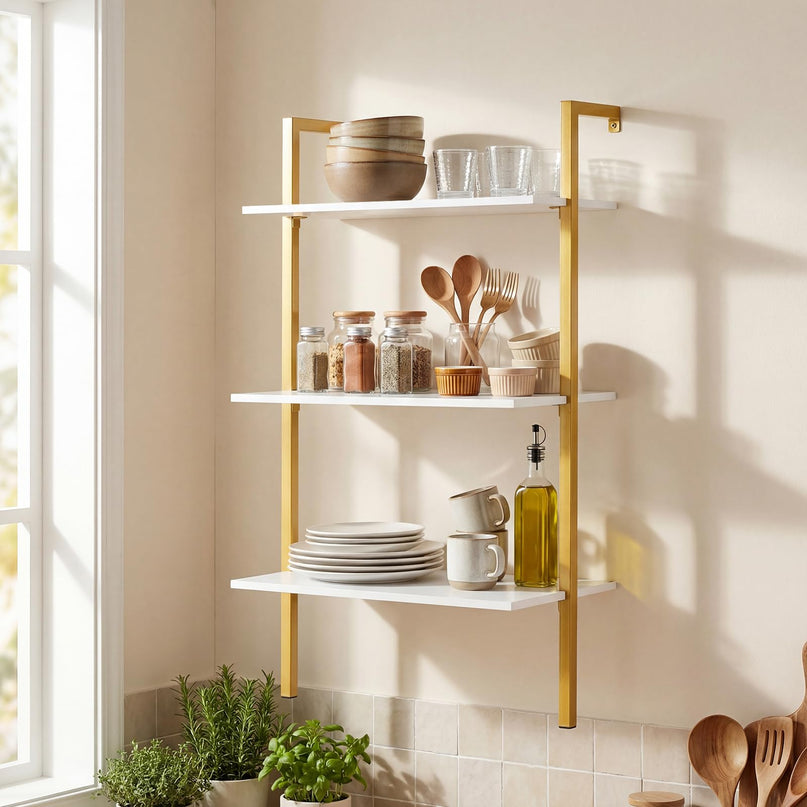 Giantex Ladder Shelf 3-Tier Wood Wall Mounted Bookshelf(1/2)