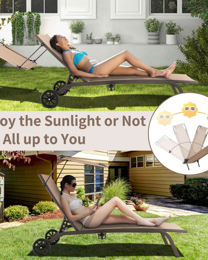 Giantex Outdoor Chaise Lounge Chair, Tanning Chair with Sunshade and Smooth Wheels, 6-Level Adjustable Position