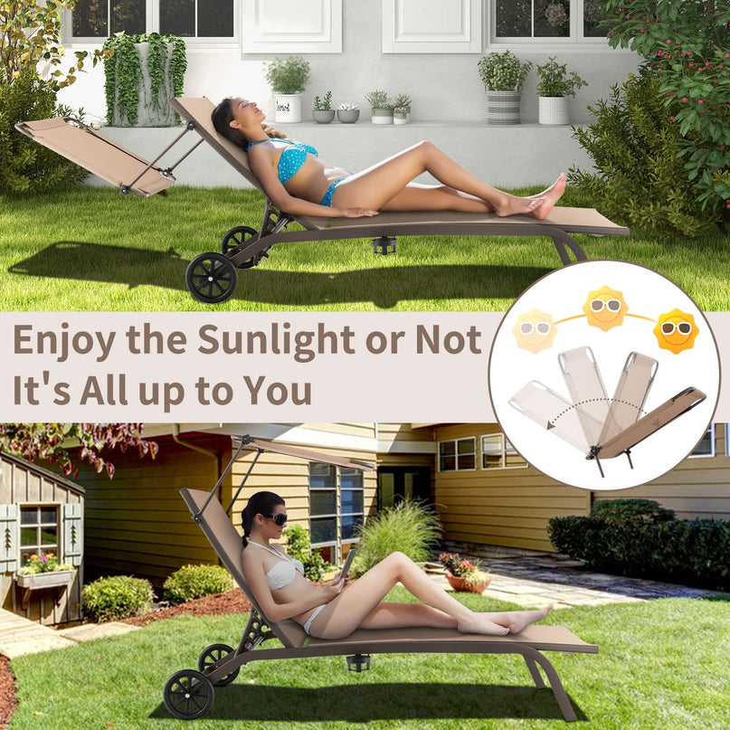 Giantex Outdoor Chaise Lounge Chair, Tanning Chair with Sunshade and Smooth Wheels, 6-Level Adjustable Position