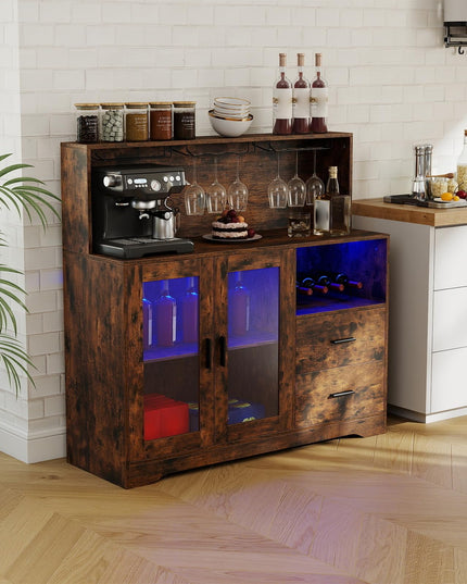 GIANTEX Wine Bar Cabinet with LED Lights & Charging Station