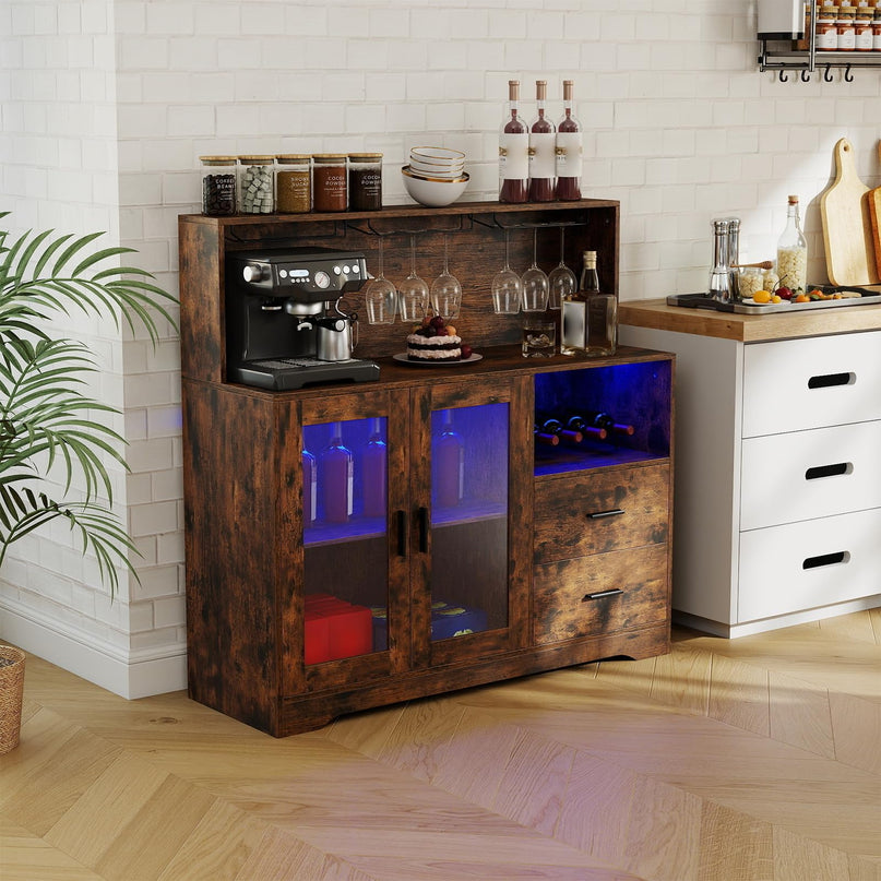 GIANTEX Wine Bar Cabinet with LED Lights & Charging Station