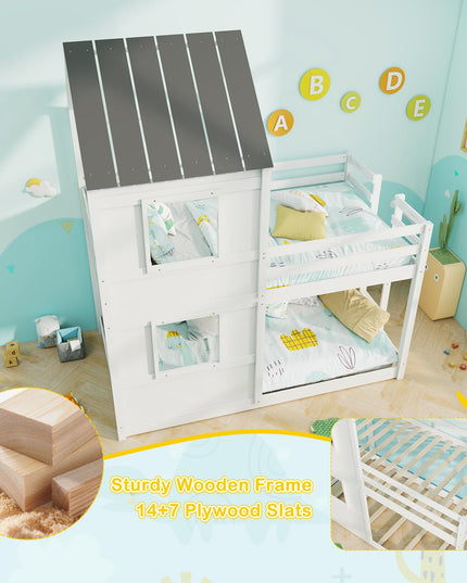 Giantex House Bunk Bed Twin Over Twin, Solid Wood Floor Bunk Bed with Built in Ladder, Window & Safety Guardrail
