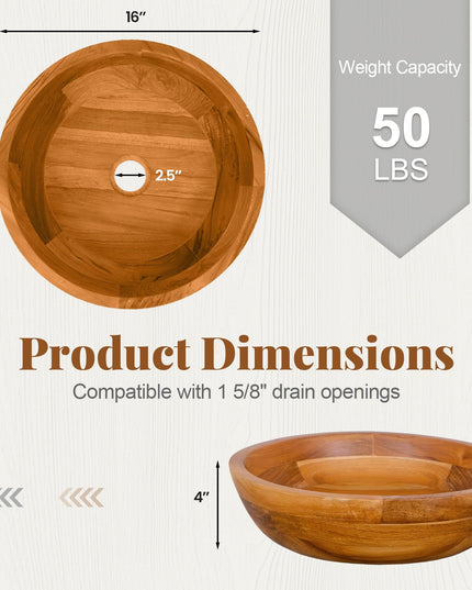 Giantex Teak Wood Vessel Sink - Bathroom Washbasin with Smooth Finish, Round Corner (16” x 16” x 4” Bowl-shaped)