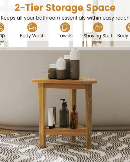 Giantex Corner Shower Bench - Teak Wood Shower Stool with Storage Shelf