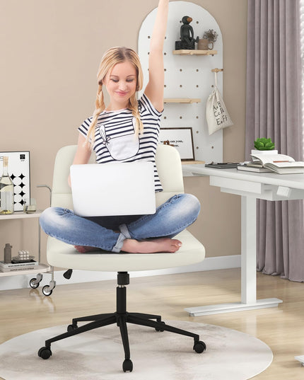 Giantex Criss Cross Chair with Wheels, PU Leather Cross Legged Office Chair, Height-adjustable Swivel Vanity Chair