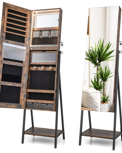 CHARMAID LED Strip Jewelry Armoire with 47.2"H Full Length Mirror, Lockable Jewelry Cabinet Organizer