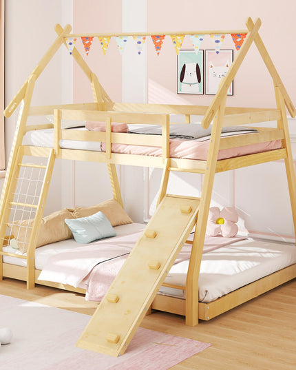 Giantex Twin Over Queen Bunk Bed, Wood House Bunk Bed for Kids with Climbing Nets and Ramp