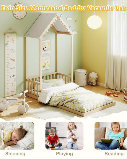 Giantex Twin Size House Bed with House Shape Roof & Semi-Fence
