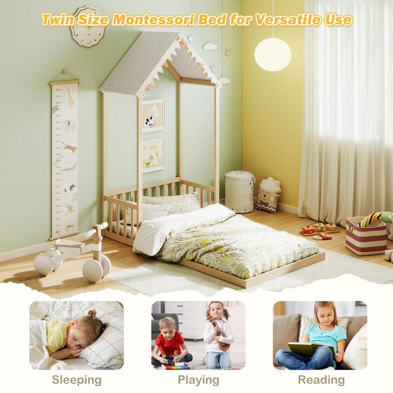 Giantex Twin Size House Bed with House Shape Roof & Semi-Fence