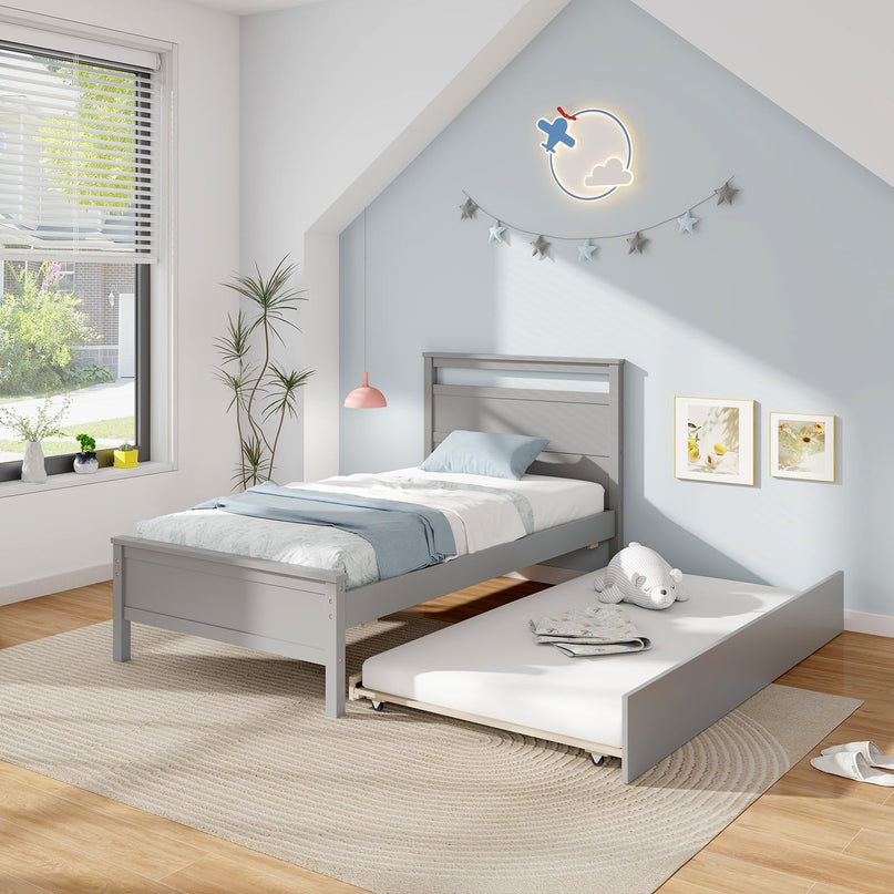 Giantex Trundle Bed Twin, Wood Day Bed Frame with Headboard & Footboard