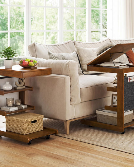 Giantex C-Shaped End Table with Wheels Adjustable Desktop Edge Stopper & 3 Storage Shelves