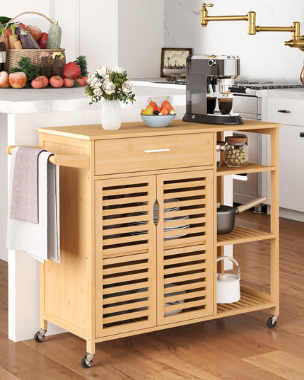Giantex Bamboo Kitchen Island Cart with Drawer and Storage Cabinet