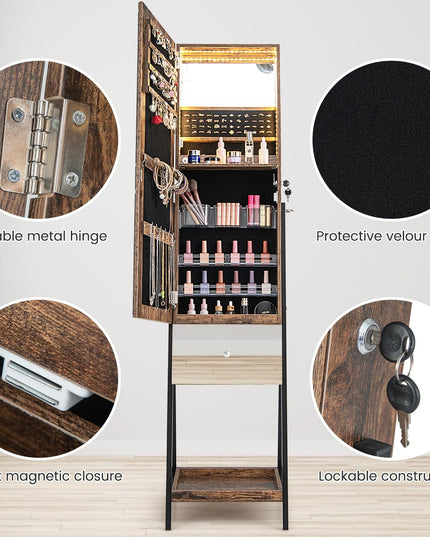 CHARMAID Jewelry Cabinet Armoire with Full Length Mirror, 3-Color Light Strips, Mirrored Tilt out Drawer