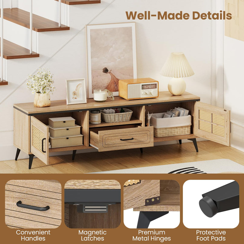 Meuble TV Giantex pour téléviseurs 60/65 pouces | Meuble de divertissement bohème avec placards de rangement