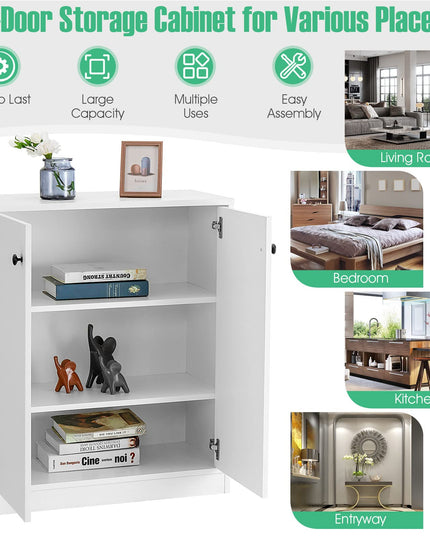Giantex 2 Door Storage Base Cabinet - Freestanding Floor Cabinet with 3-Tier Shelf, White