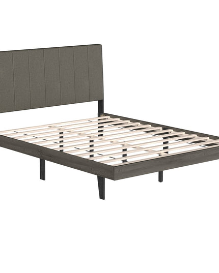 Wooden Slats Support Queen Mattress Foundation with Tufted Headboard, Grey