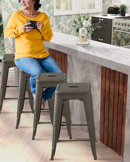 Bar Stools Set of 4, 24” or 30" Stackable Metal Stools with Square Seat & Handing Hole, X-shaped Reinforced Design