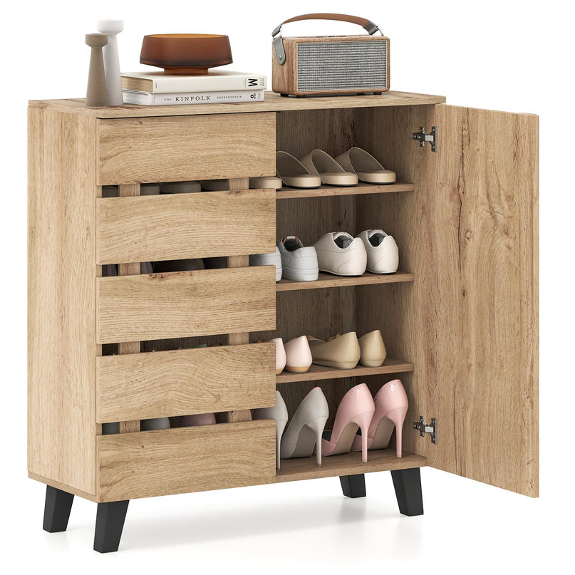 Giantex 4 Tier Farmhouse Shoe Rack Cabinet with 2 Slatted Doors & Removable Shelves