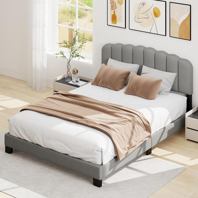 Giantex Queen Bed Frame with Adjustable Scalloped Tufted Headboard